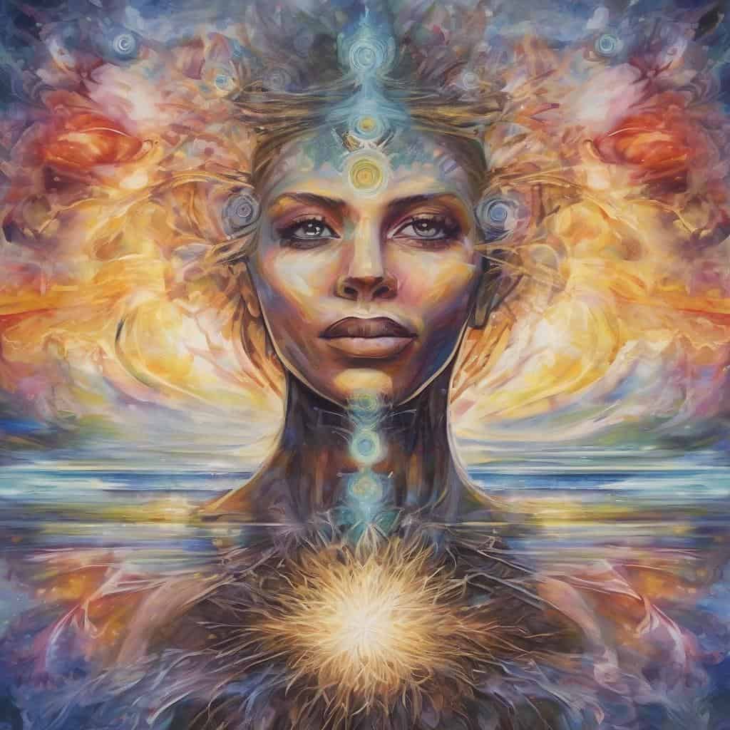 Ανθρώπινη μορφή με ενεργειακά τσάκρα και φωτεινά στοιχεία.